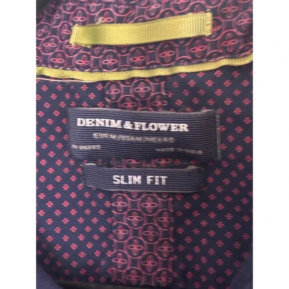 Denim & Flower Mens Slim Fit Navy Blue Pink Micro Dot Cotton Button Up Shirt M - Picture 4 of 9